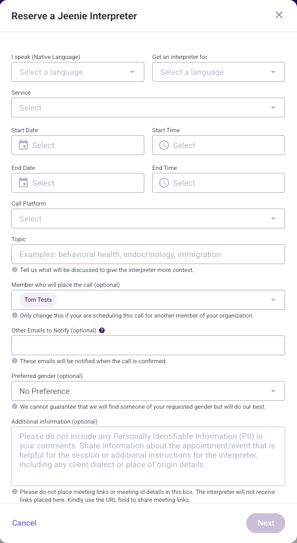 Screenshot of the Reserve a Jeenie Interpreter form