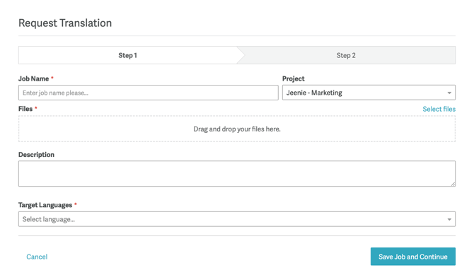 Jeenie Translation Portal - Jobs - Request Translation - Step 1